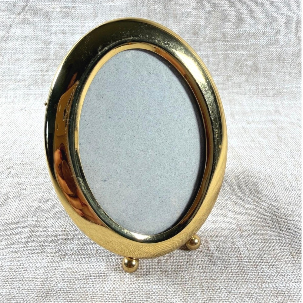 Vintage Gold Brass Oval Picture Frame Ball Feet Black Velvet Back 4.5x3.25